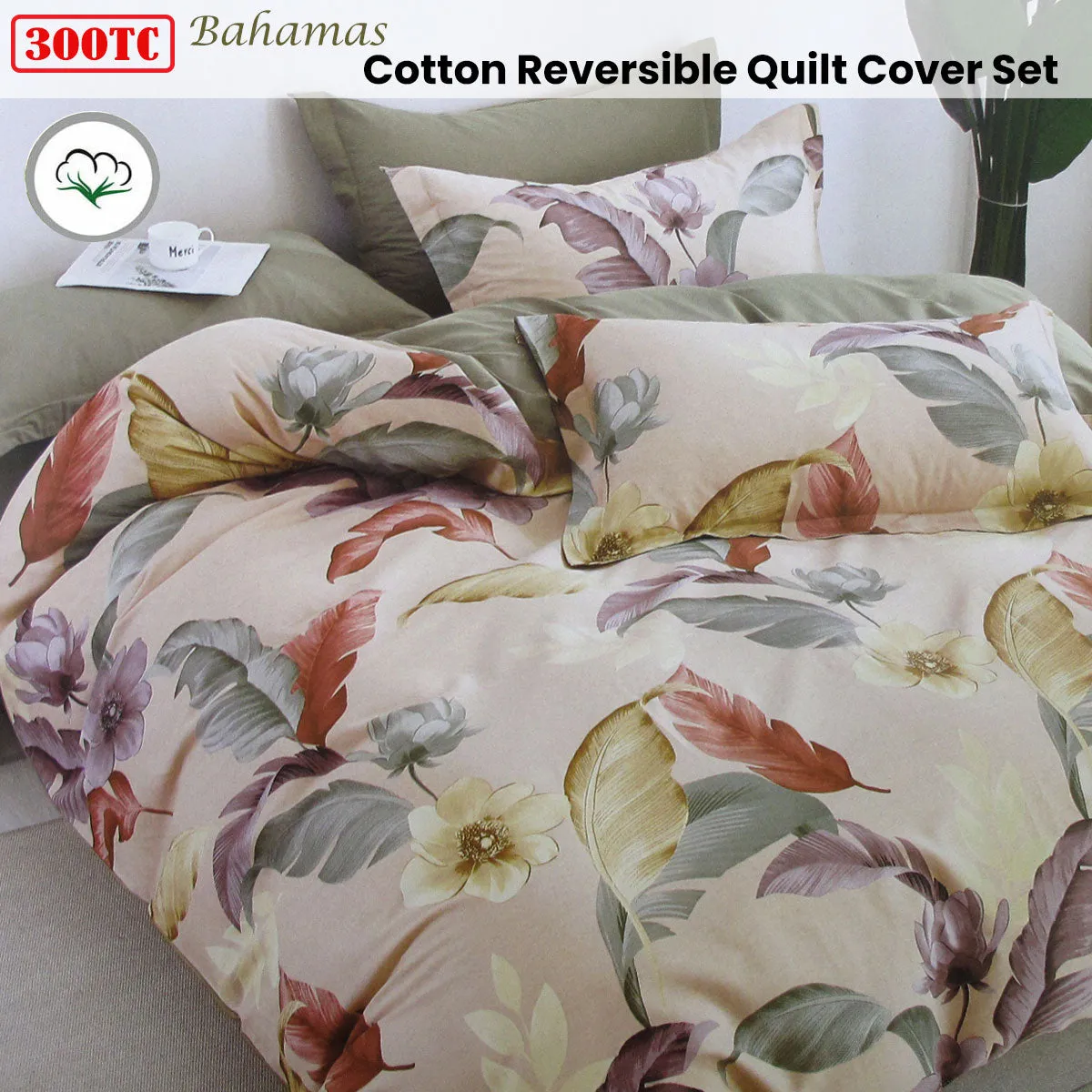 300TC Bahamas Taupe Reversible Cotton Quilt Cover Set | King