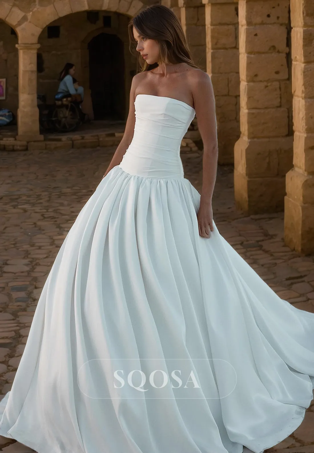 A Line Strapless Satin Elegant Wedding Dress with Train