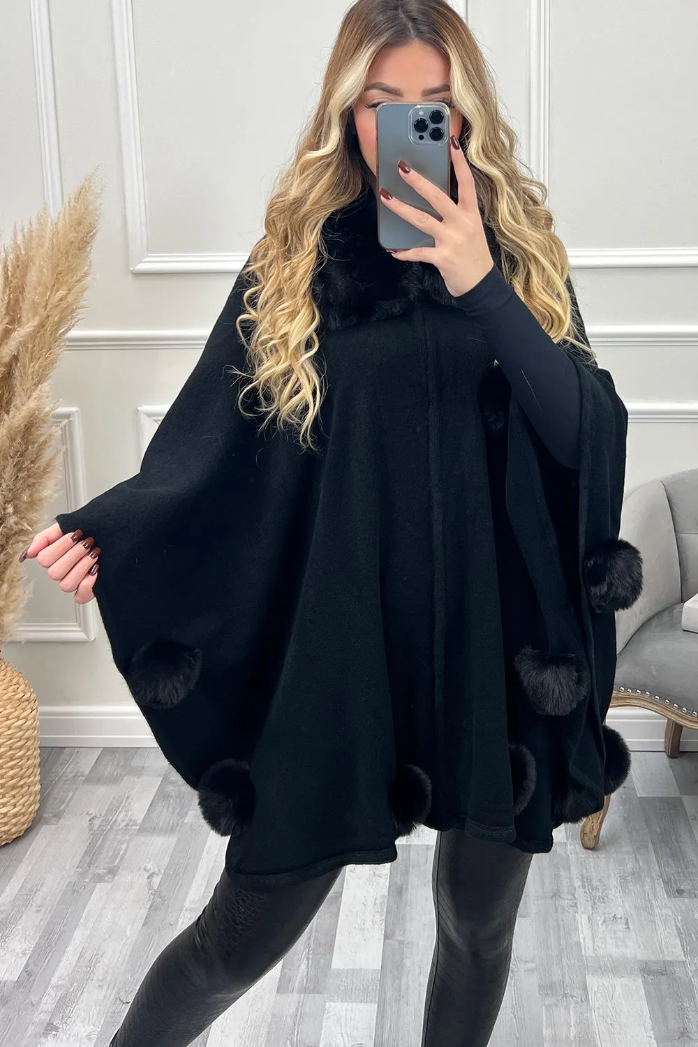 Elsa Black Faux Fur Bobble Trim Open Cape