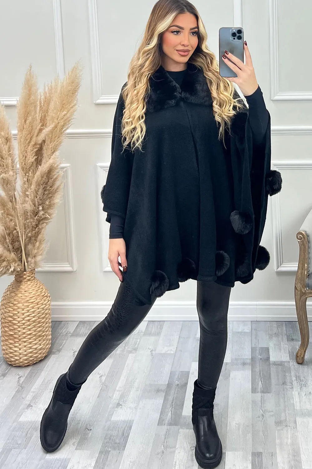 Elsa Black Faux Fur Bobble Trim Open Cape