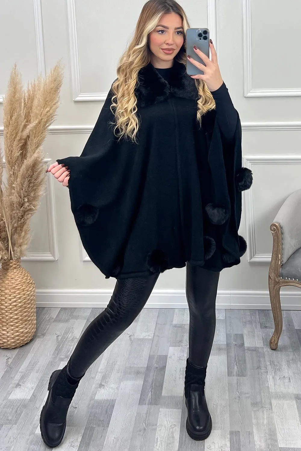 Elsa Black Faux Fur Bobble Trim Open Cape