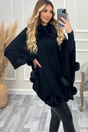 Elsa Black Faux Fur Bobble Trim Open Cape