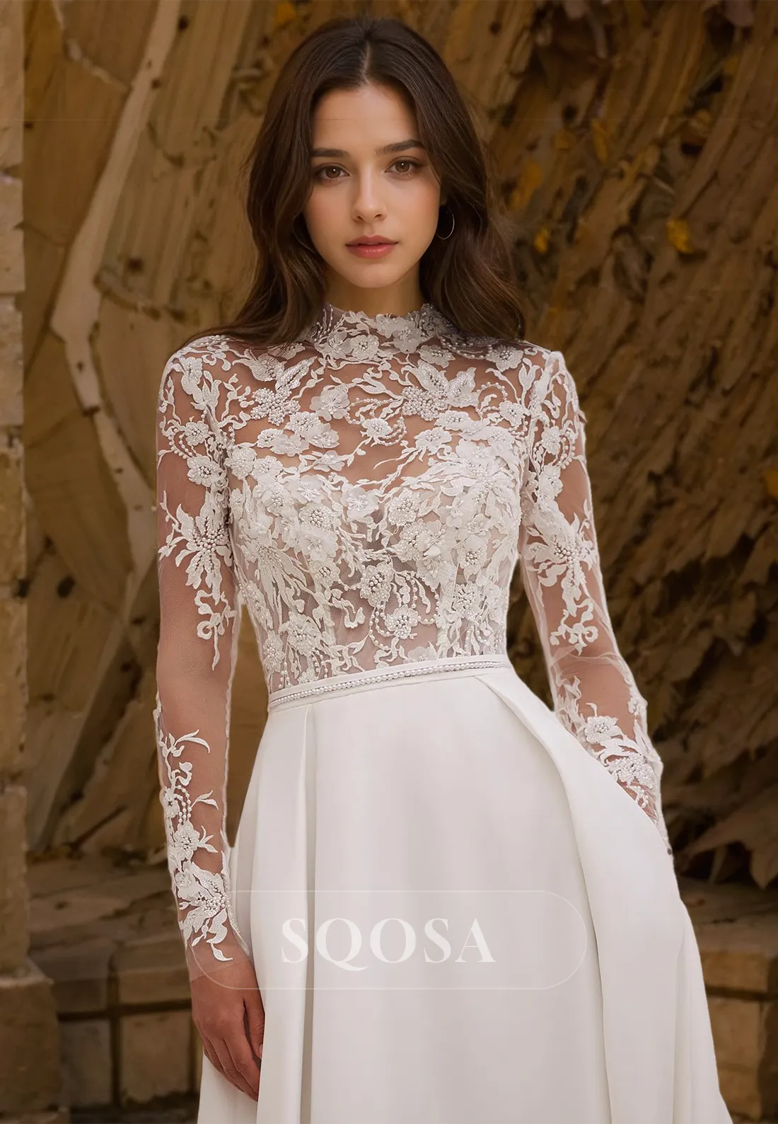 High-Neck Long-Sleeves Lace Applique Beaded Cutout Satin A-Line Wedding Dress with Train