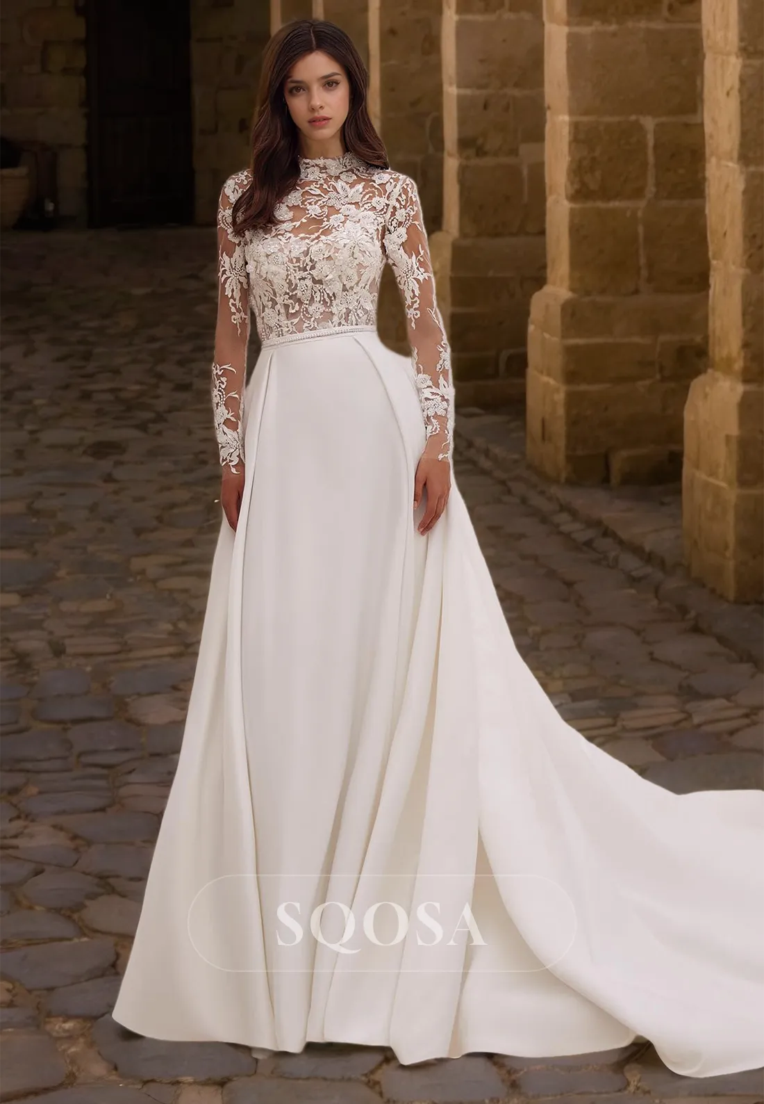High-Neck Long-Sleeves Lace Applique Beaded Cutout Satin A-Line Wedding Dress with Train