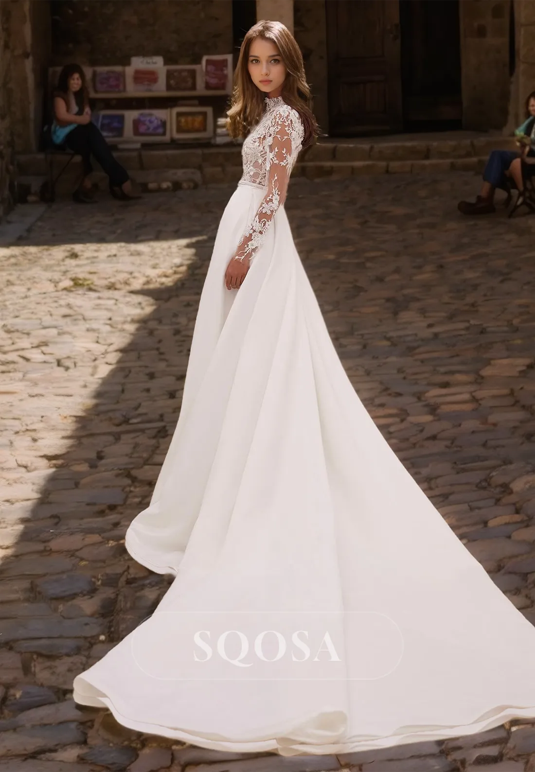 High-Neck Long-Sleeves Lace Applique Beaded Cutout Satin A-Line Wedding Dress with Train