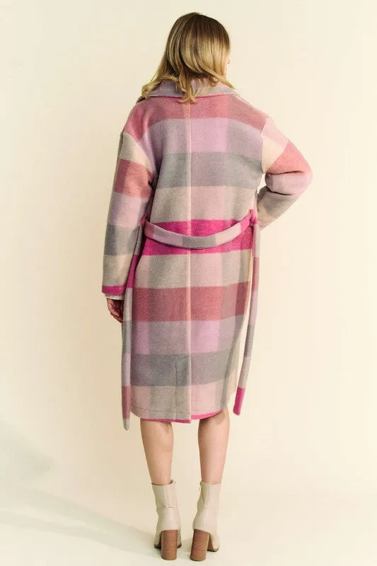 Hot Pink Multicolor Tied Color Block Collared Neck Coat