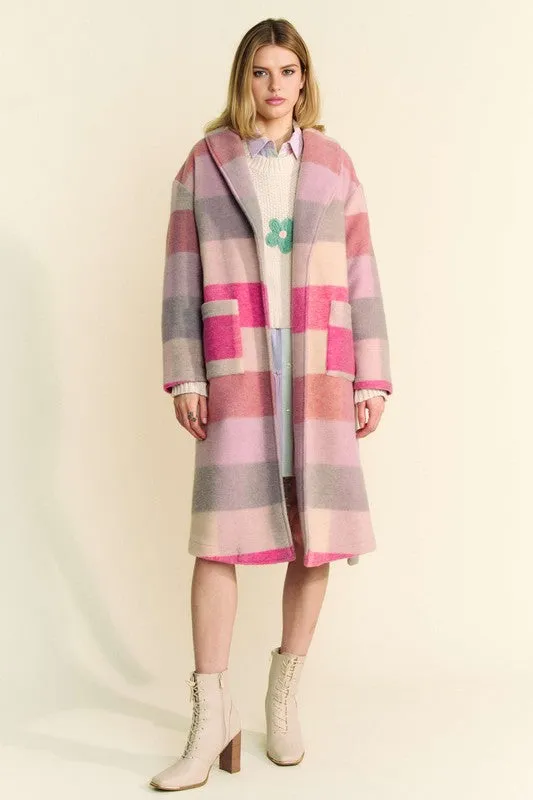 Hot Pink Multicolor Tied Color Block Collared Neck Coat