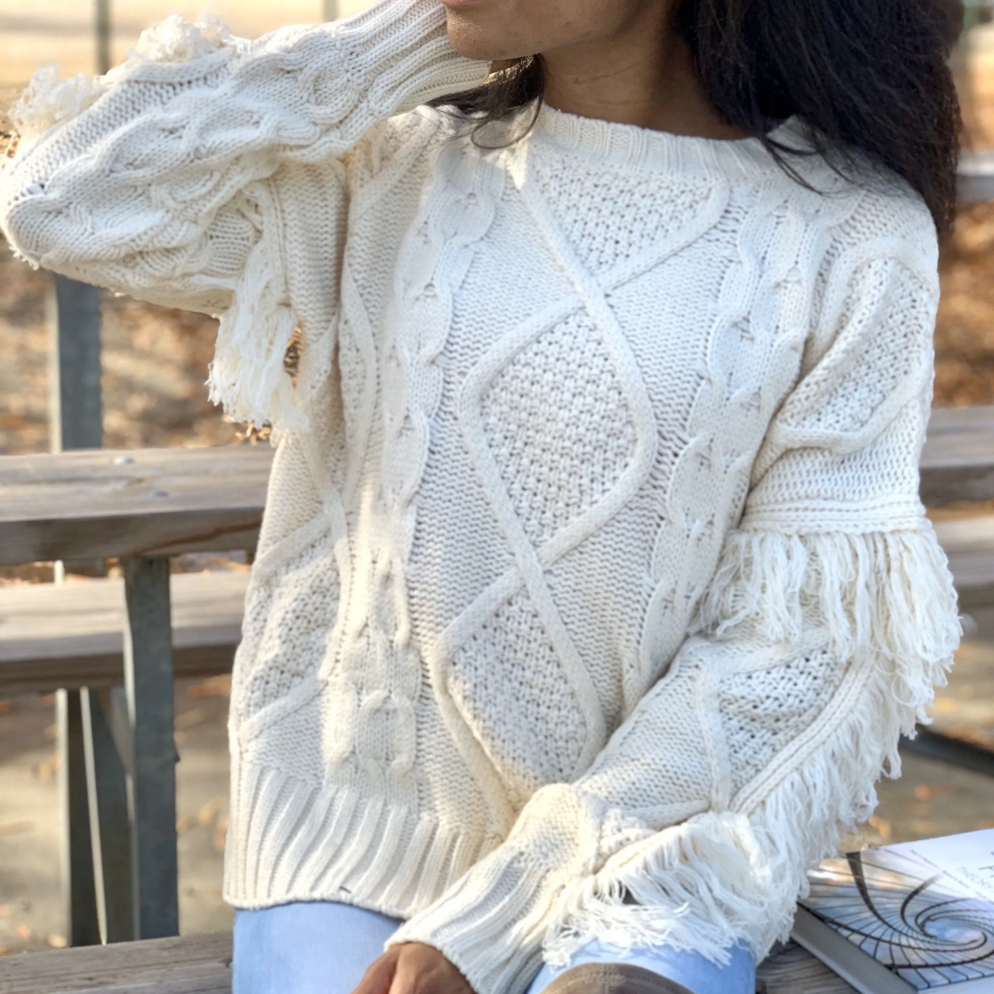 Ivory Fringe Sleeve Sweater