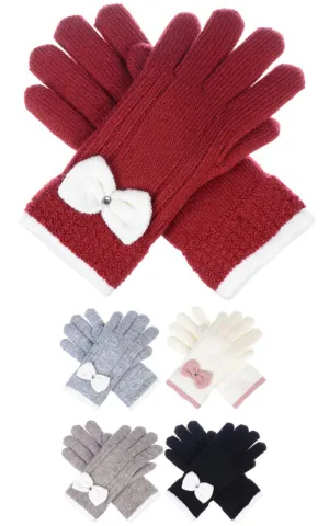 JG716 Cable Knitted Gloves w/Bow on Cuff and Faux Fur Lined 12prs Pack