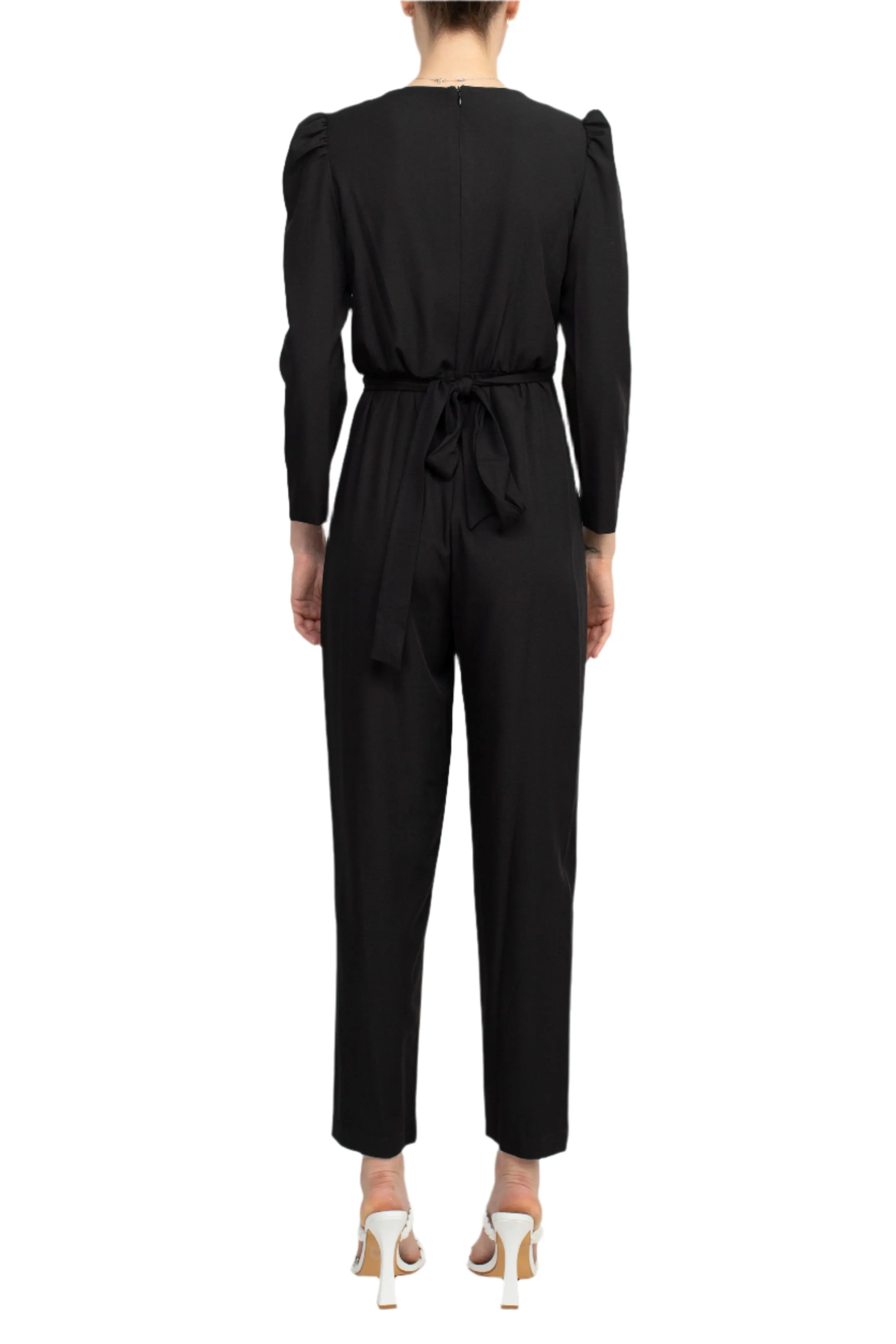 Julia Jordan V-Neck Long Sleeve Tie Side Zipper Back Solid Stretch Crepe Jumpsuit