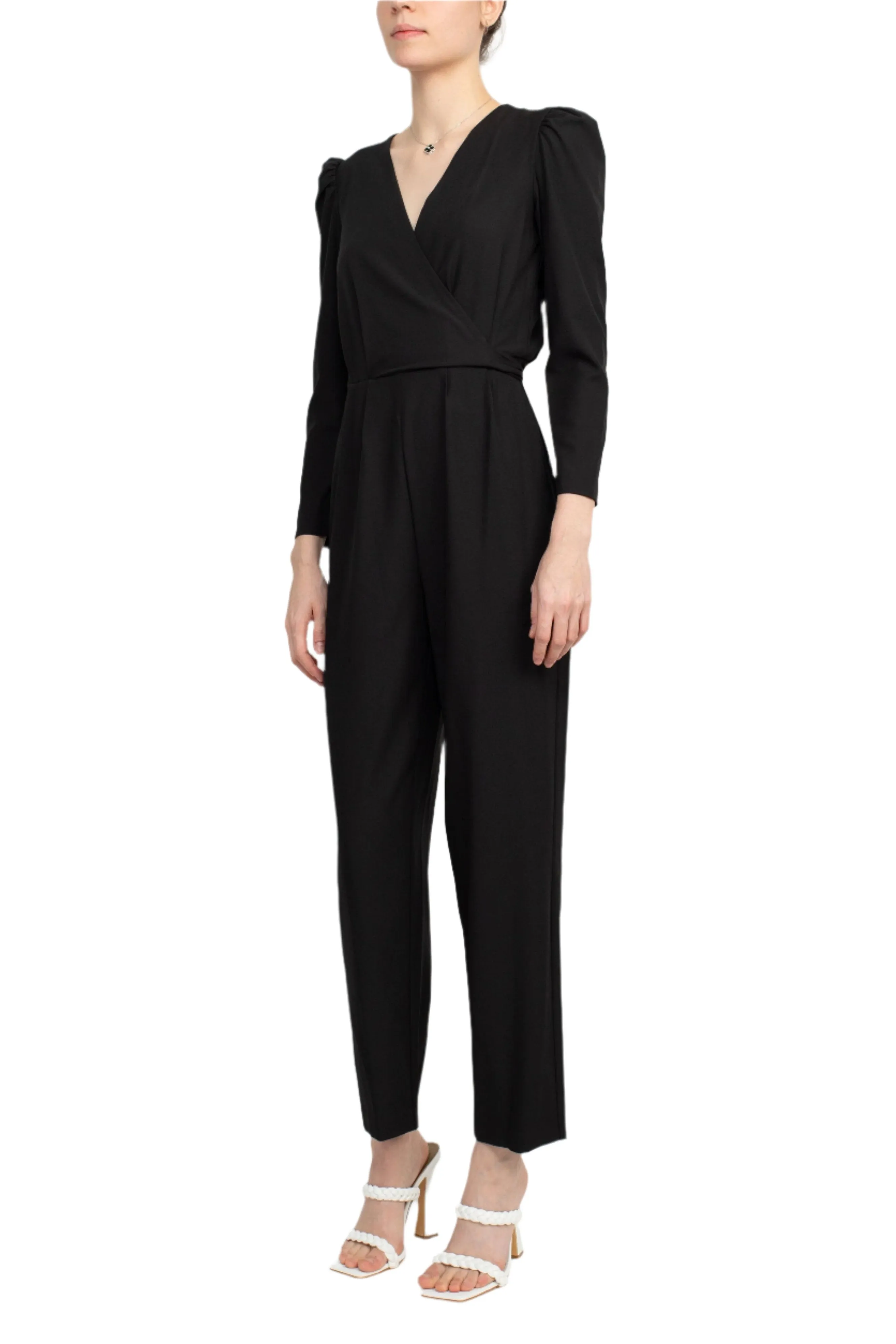 Julia Jordan V-Neck Long Sleeve Tie Side Zipper Back Solid Stretch Crepe Jumpsuit