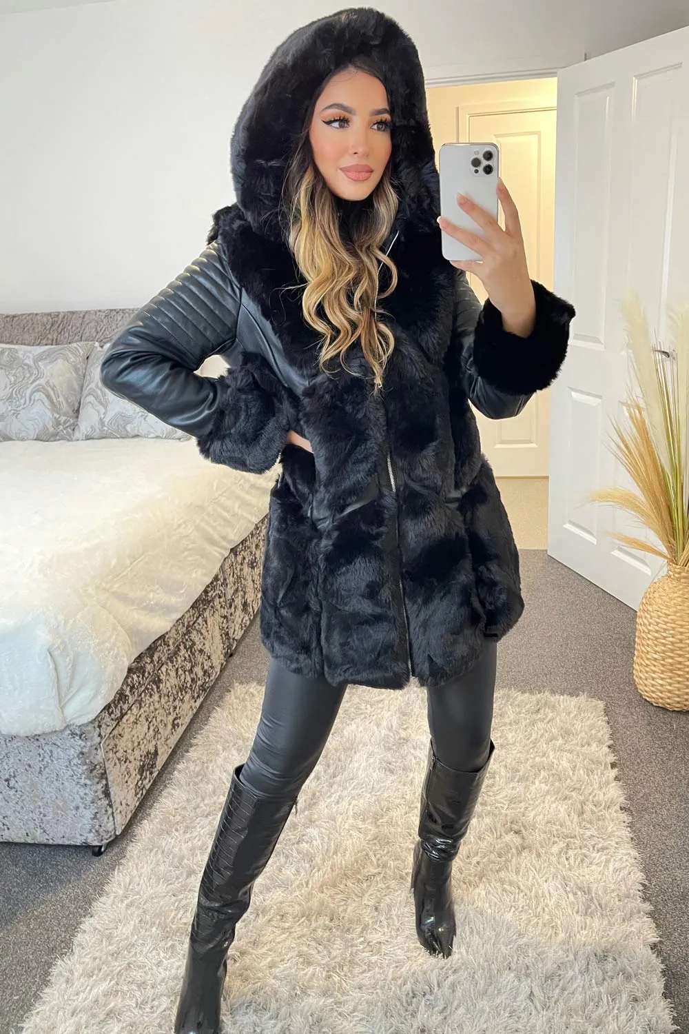 Kiko Black PU Faux Leather Faux Fur Trim Longline Coat