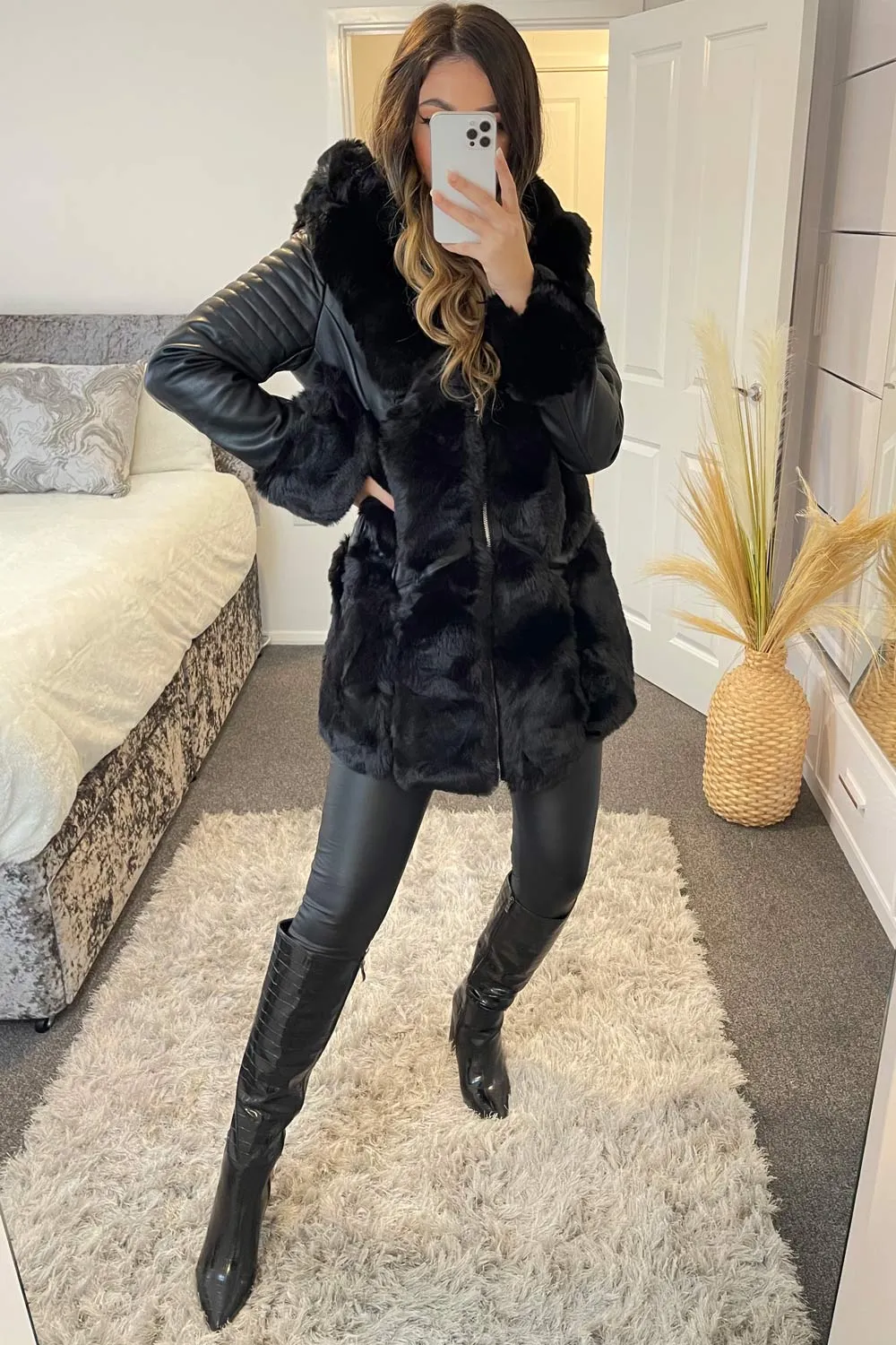 Kiko Black PU Faux Leather Faux Fur Trim Longline Coat