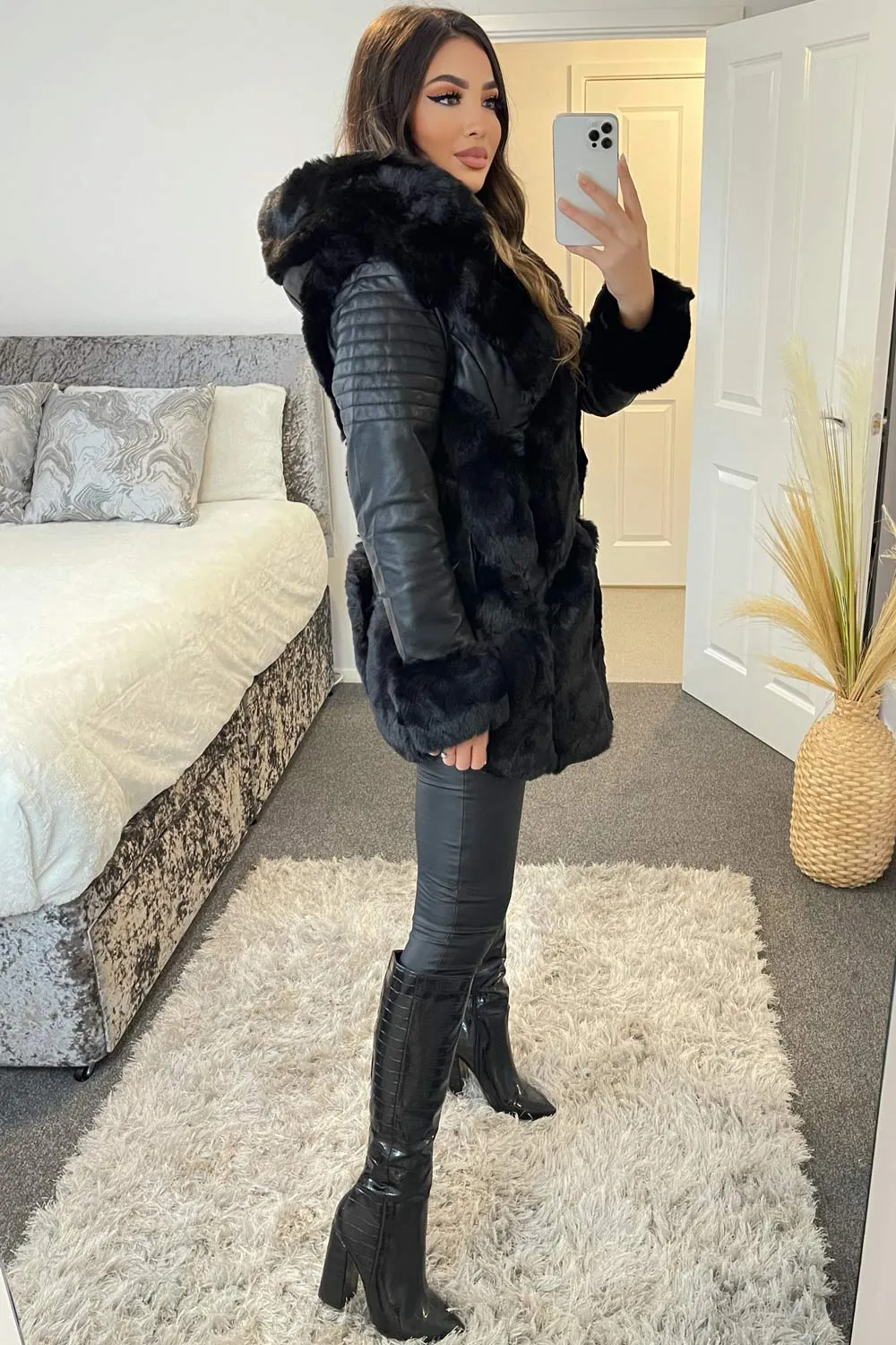 Kiko Black PU Faux Leather Faux Fur Trim Longline Coat