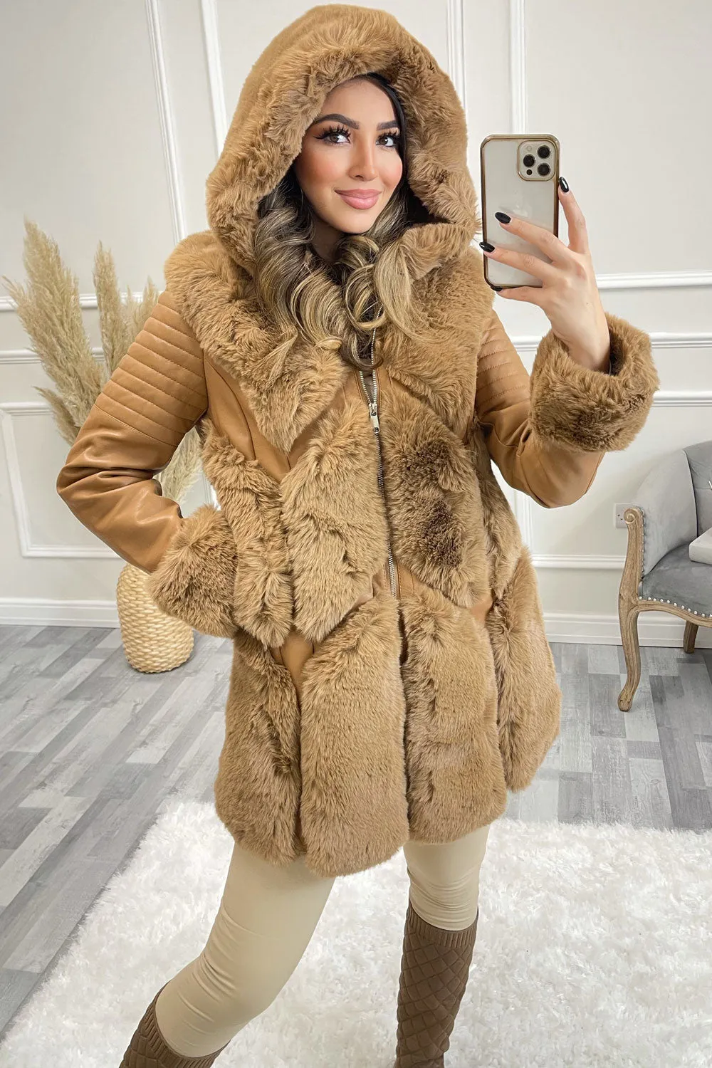 Kiko Camel PU Faux Leather Faux Fur Trim Longline Coat