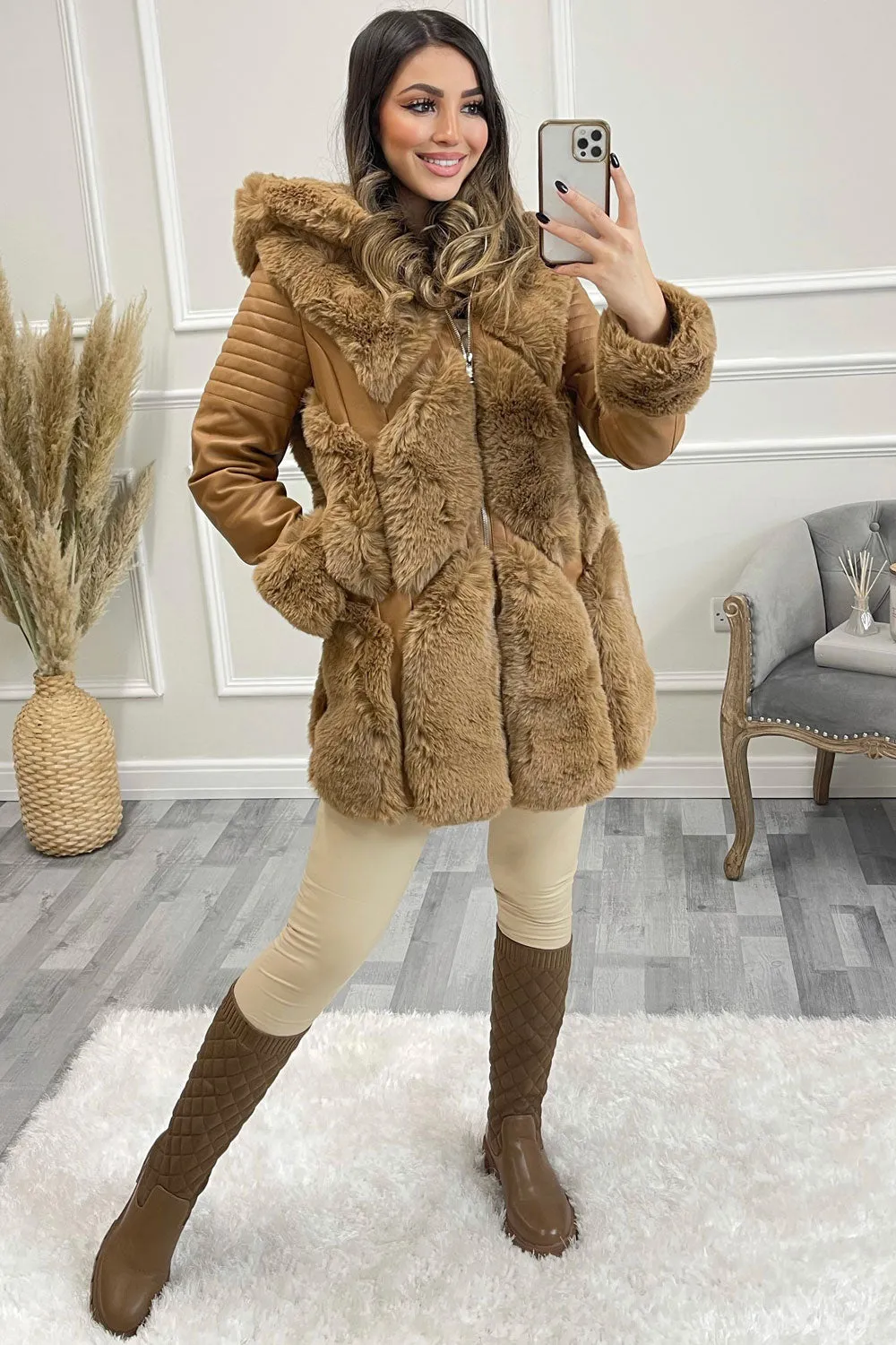 Kiko Camel PU Faux Leather Faux Fur Trim Longline Coat