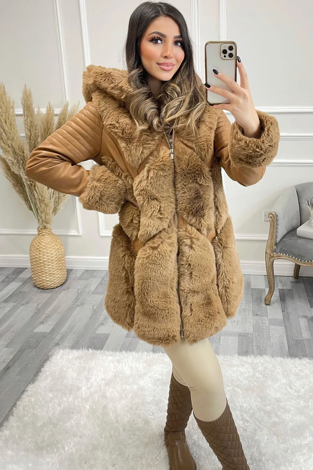 Kiko Camel PU Faux Leather Faux Fur Trim Longline Coat