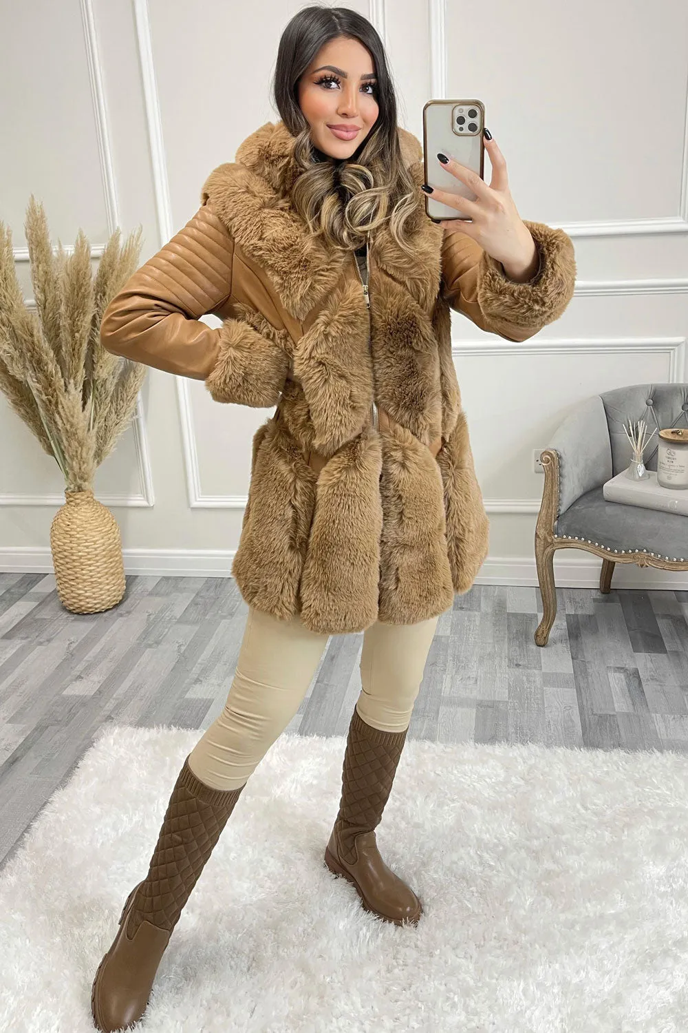 Kiko Camel PU Faux Leather Faux Fur Trim Longline Coat