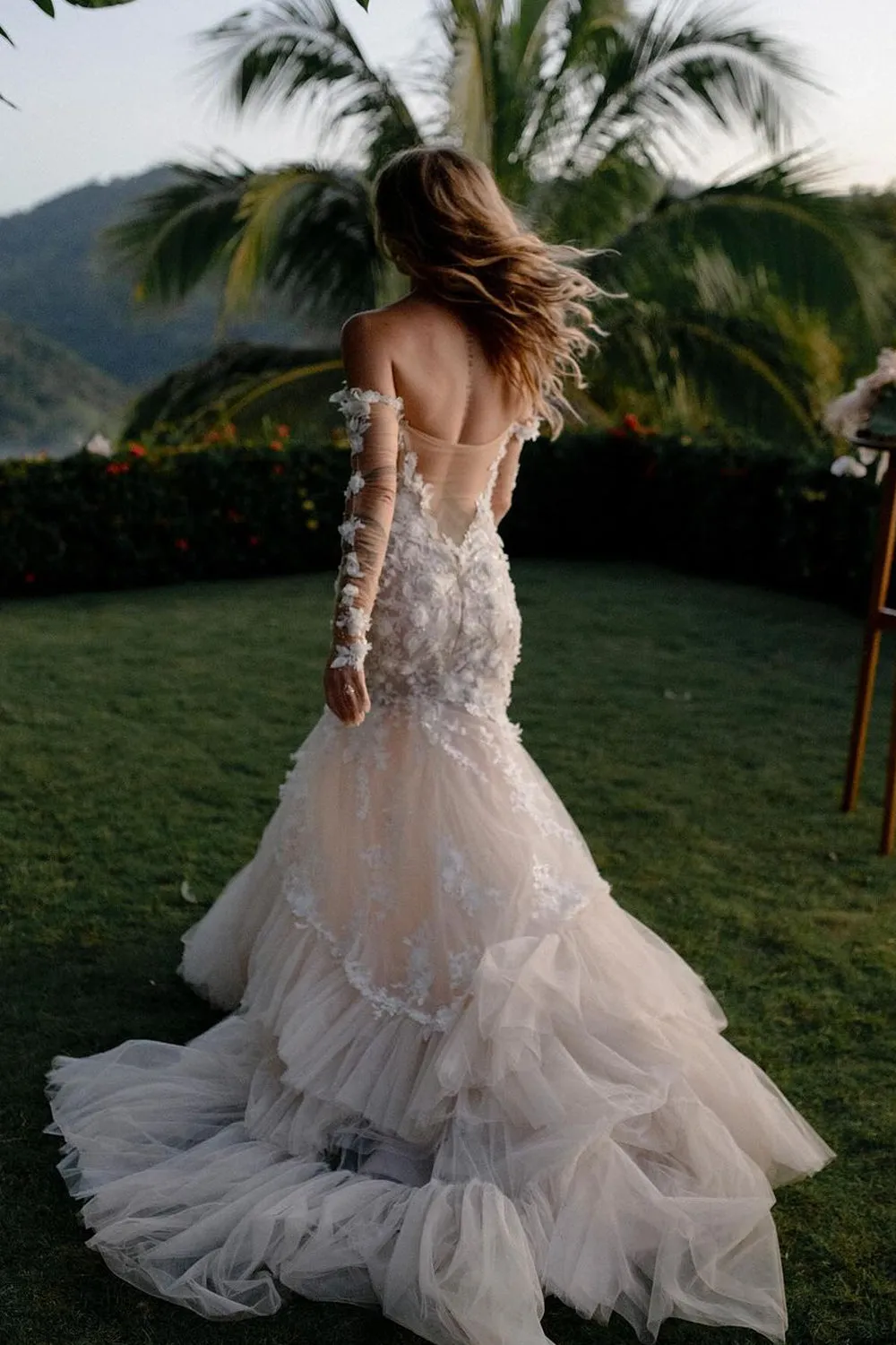 Mermaid Off the Shoulder Tulle Lace Wedding Dresses with Ruffles VK24090901