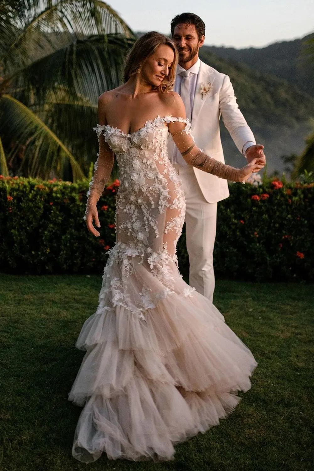 Mermaid Off the Shoulder Tulle Lace Wedding Dresses with Ruffles VK24090901