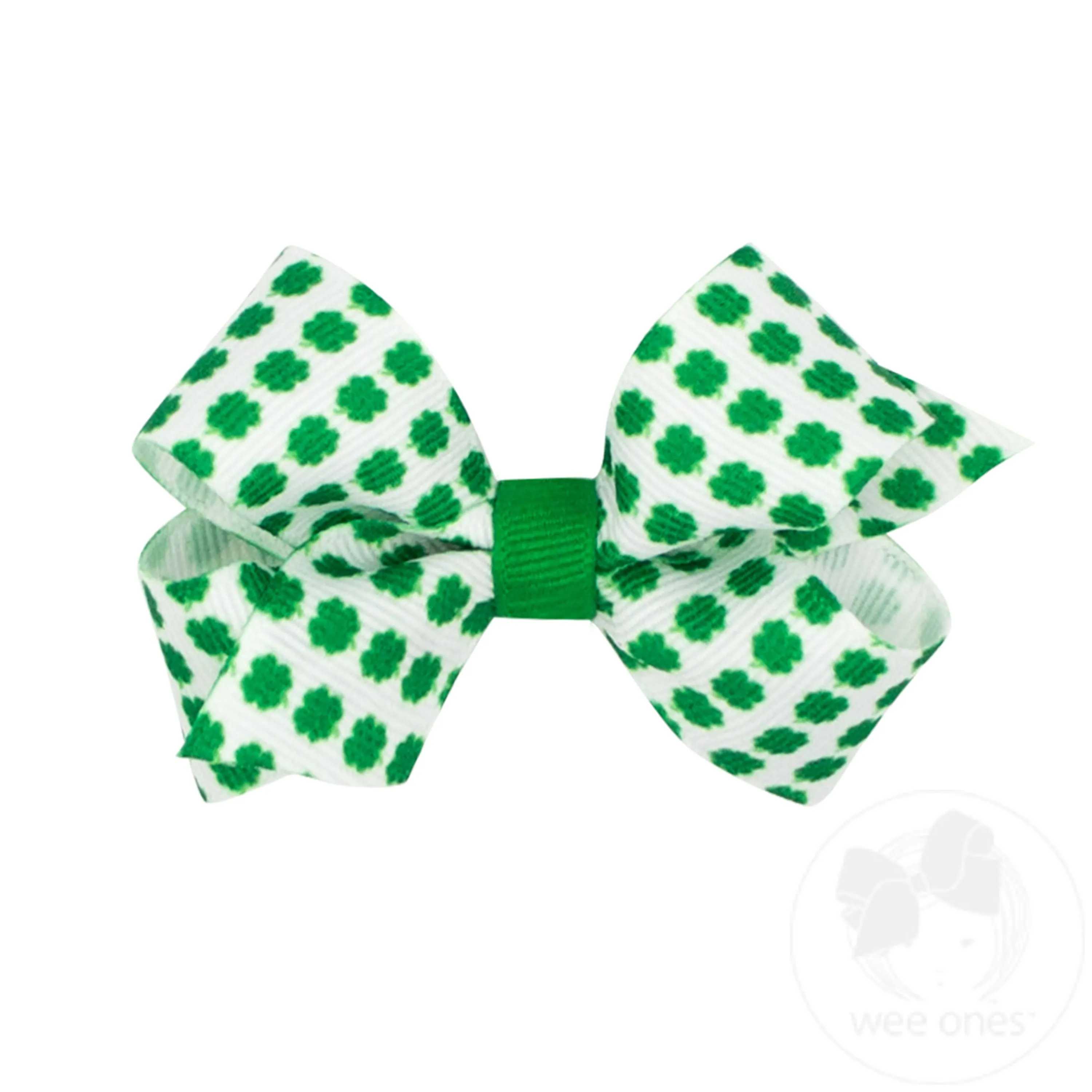 Mini Green and White Shamrock Print Grosgrain Hair Bow