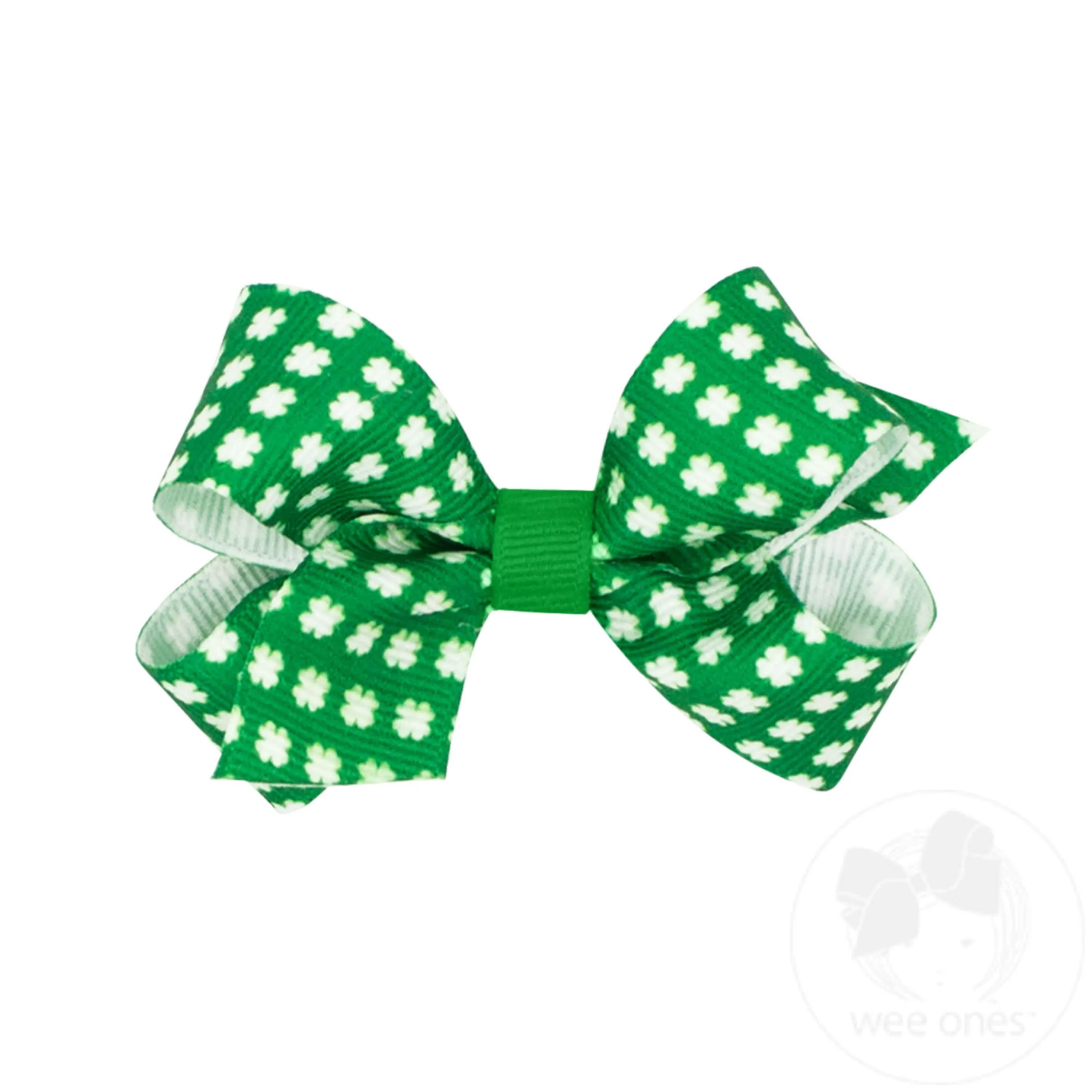 Mini Green and White Shamrock Print Grosgrain Hair Bow