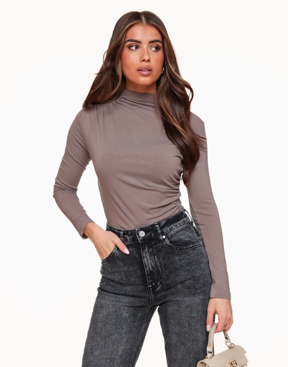 Taupe Hoge Hals Gedrapeerde LS - Top