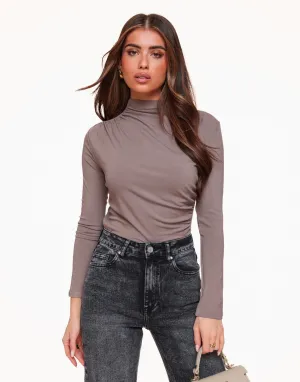 Taupe Hoge Hals Gedrapeerde LS - Top