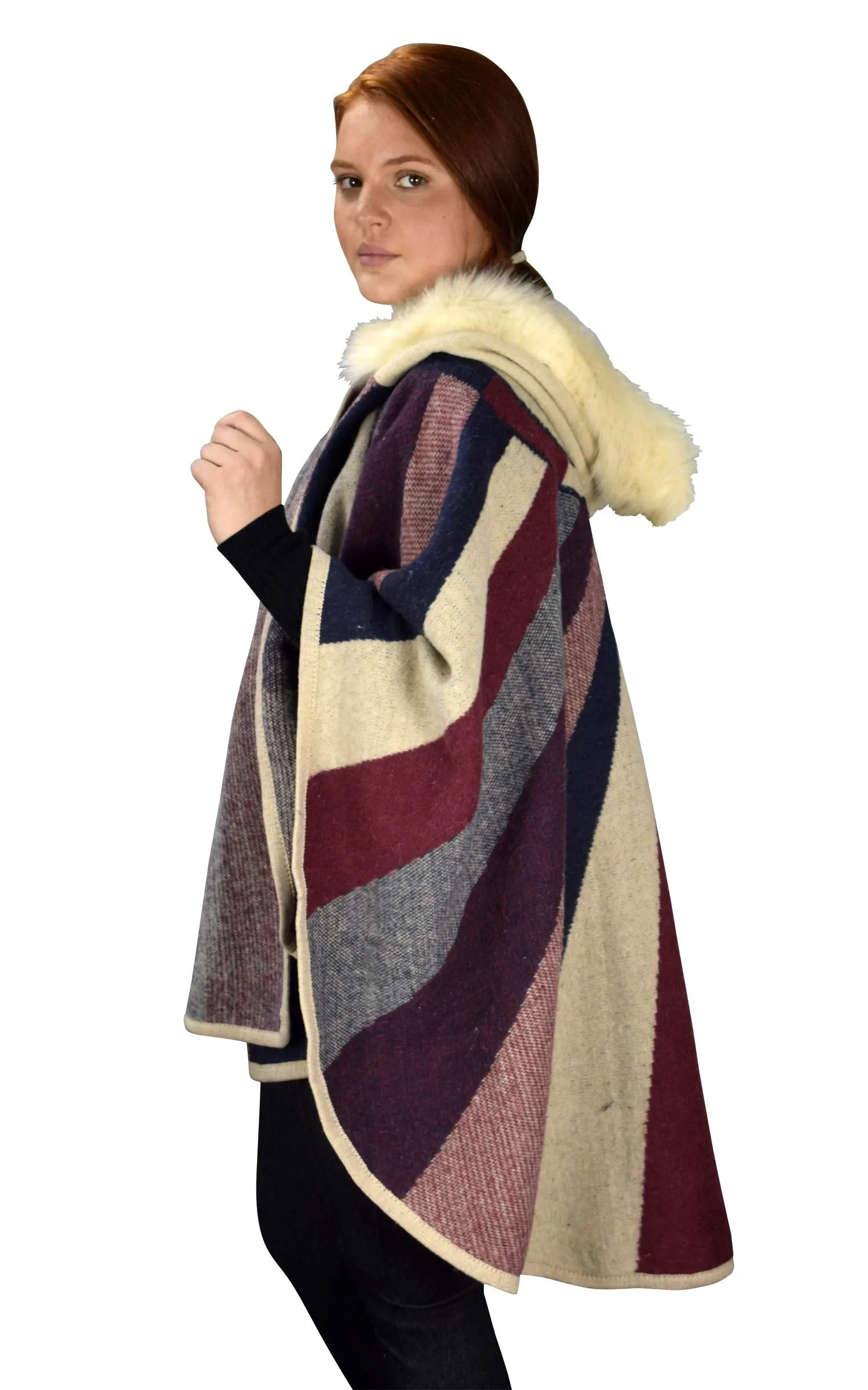 Womens Faux Fur Relaxed Fit Poncho Cape Pullover Sweater