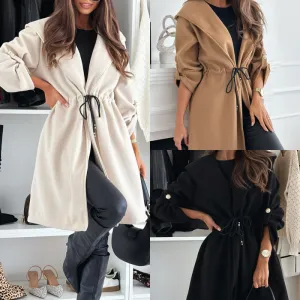 Womens Trendy Tie Waist Hooded Long Coat