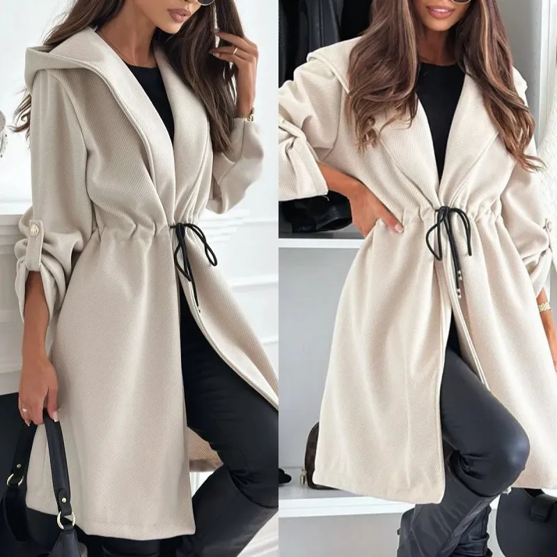 Womens Trendy Tie Waist Hooded Long Coat